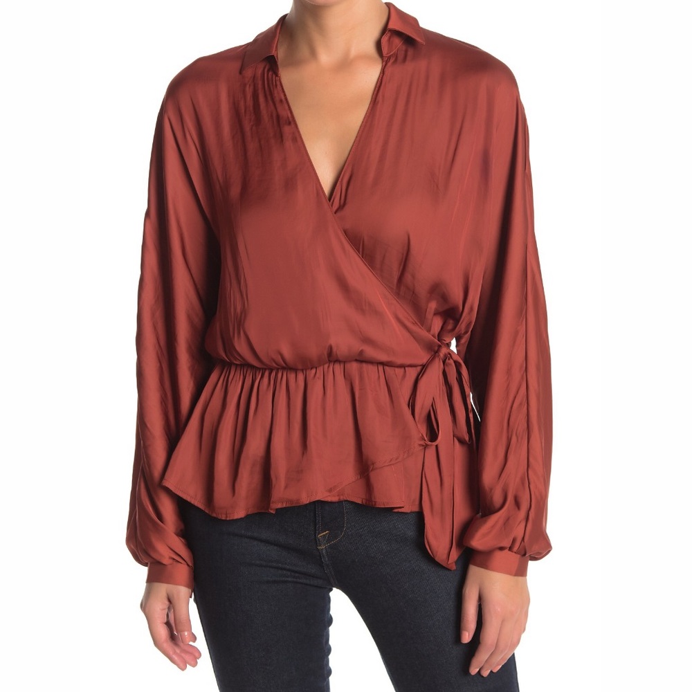Lush Surplice Long Sleeve Satin Peplum Top